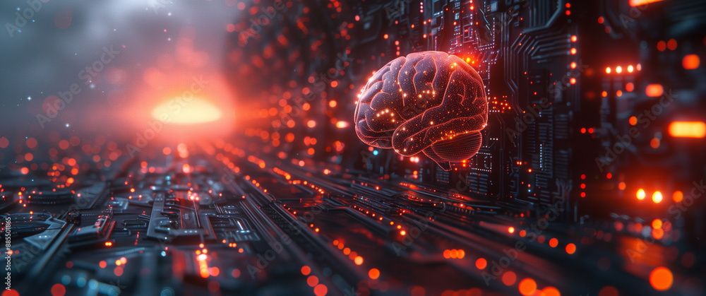 Obraz premium This image features a highly advanced AI brain interface set against a backdrop of intricate digital circuitry.