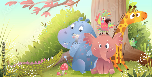 Cute animals characters for children in forest together. Elephant giraffe parrot hippo and crocodile friends in woods. Cute zoo for children in the woods. Vector picture book illustration for kids.