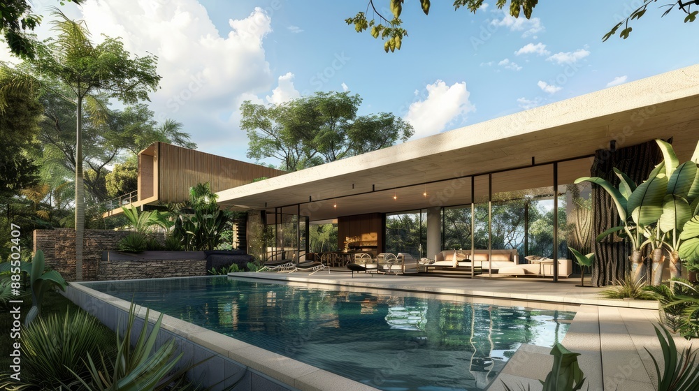 A modern tropical villa with an integrated swimming pool and sleek design provides a peaceful haven. A modern tropical villa with an integrated swimming pool and sleek design provides a peaceful haven.