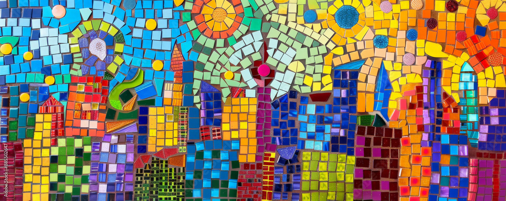 Colorful mosaic with an abstract cityscape in bright hues, creating a vibrant and imaginative urban scene.