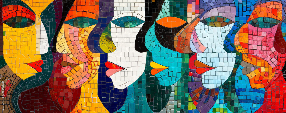 Colorful mosaic featuring abstract faces and figures in a vibrant color palette, forming a modern and artistic design. Colorful mosaic featuring abstract faces and figures in a vibrant color palette, forming a modern and artistic design.