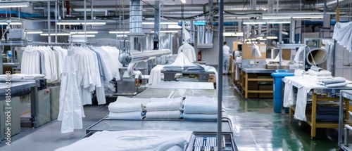 Inside a pristine laundry facility with organized rows of white garments and industrial equipment, showcasing cleanliness and efficiency.
