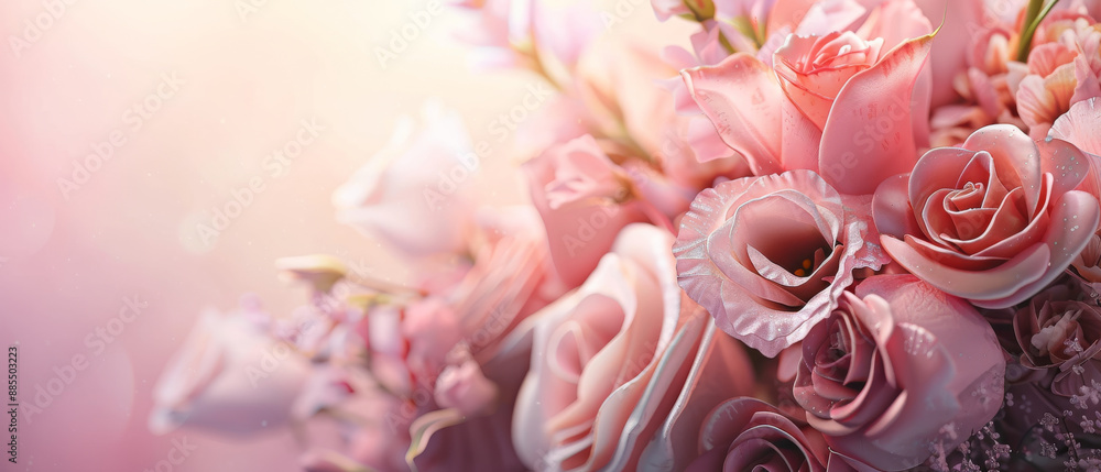 Obraz premium A delicate arrangement of soft pink roses in full bloom, exuding elegance and romance against a pastel background.