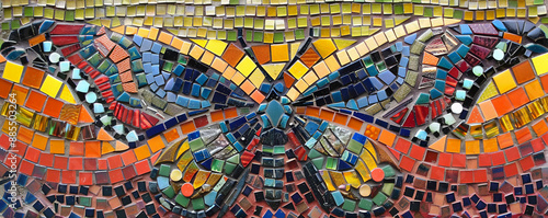 Colorful mosaic showcasing a butterfly motif with vibrant tiles, forming a cheerful and intricate pattern. photo