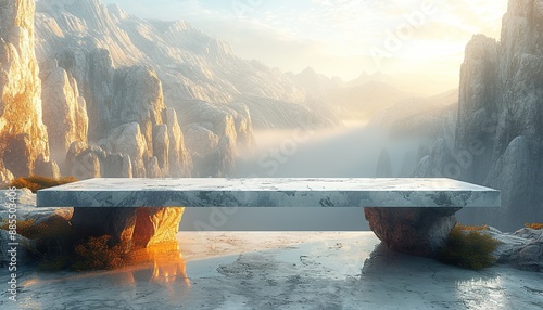 Stone podium on the background of picturesque snowy mountains, mockup for product presentation