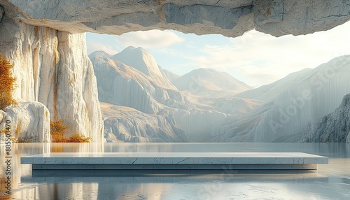 Stone podium on the background of picturesque snowy mountains, mockup for product presentation