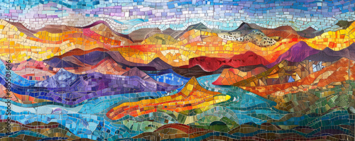 Colorful mosaic featuring a landscape scene with mountains and rivers in bright colors, creating a lively and scenic pattern.