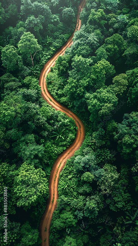 drone view photo of a natural rain forest with bush og green trees and a path going through the jungle 