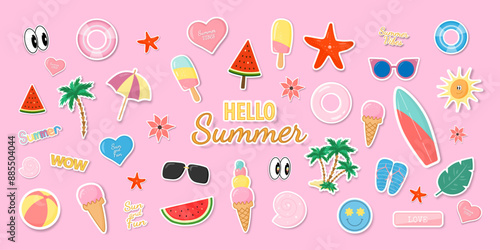 A set of summer stickers on a pink background. Stickers with a shadow. Cartoon retro style. Vector illustration.