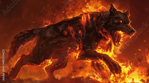 Hellhound wolf super high res, with flaming eyes, and flaming paws, and open mouth roaring  photo