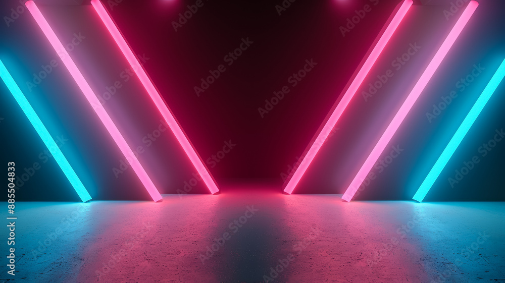 Dark background with vibrant neon lines intersecting blue and pink spotlights illuminating the scene Dark background with vibrant neon lines intersecting blue and pink spotlights illuminating the scene