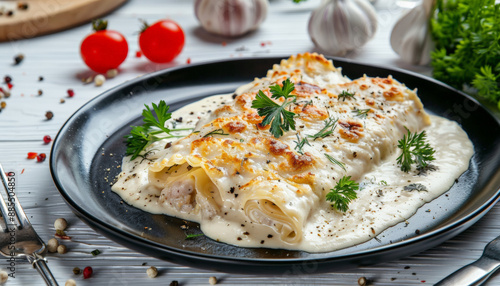 Meat cannelloni sauce bechamel on black plate on white wooden table. Top view