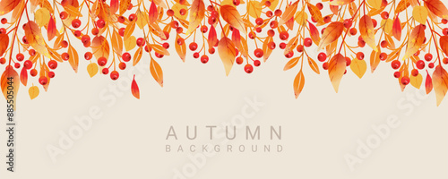 Autumn, Fall, Thanksgiving and Harvest Day background with beautiful watercolor leaves and berries. Horizontal border of leaf fall. Vector illustration