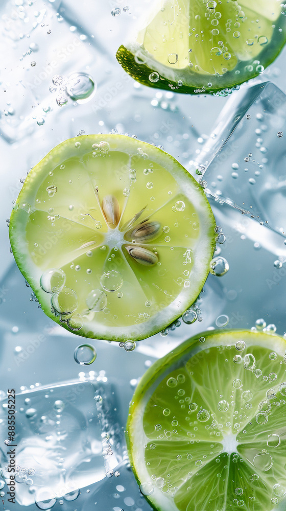 Green lemon slices and ice cubes in whitewater, bubbles, light background Green lemon slices and ice cubes in whitewater, bubbles, light background