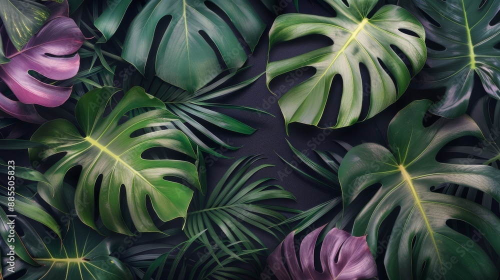 Vibrant Tropical Monstera and Palm Leaves on Dark Background Vibrant Tropical Monstera and Palm Leaves on Dark Background