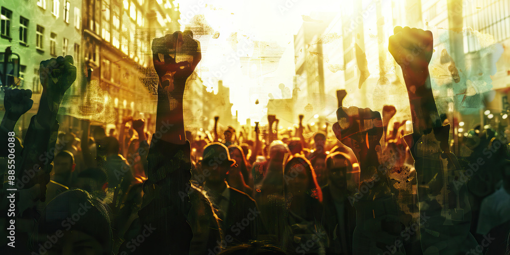Obraz premium Simmering Streets: People gather in protest, fists raised, voices united.
