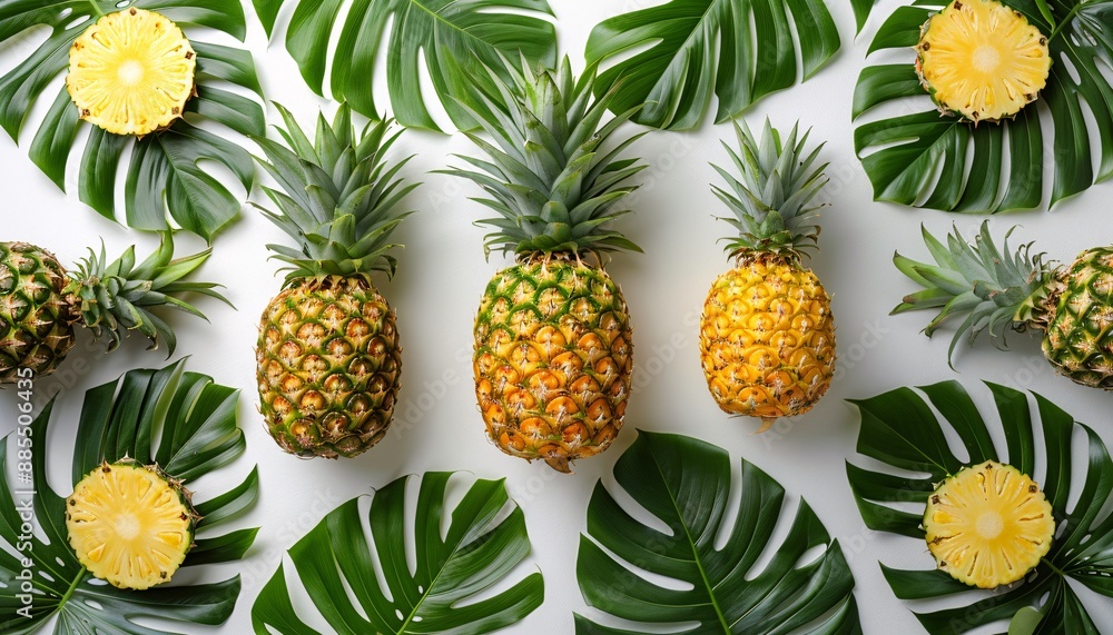 Sliced pineapple with tropical leaves. Sliced pineapple with tropical leaves.