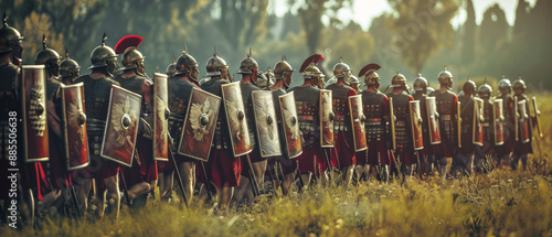 Roman soldiers in full battle gear and shields, march in unison across a grassy field under a serene sky. photo