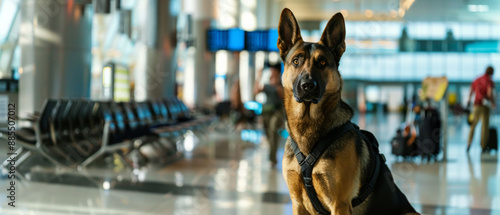 A German Shepherd with a harness sits attentively in a bright, spacious airport terminal, surrounded by modern amenities and travel-related signage.