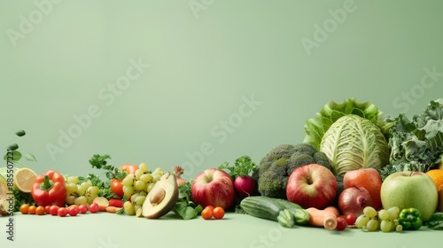 Design a template with a front angle on a light green background. Scatter fresh vegetables and fruits on the counter, leaving an empty space for product advertising and placement.