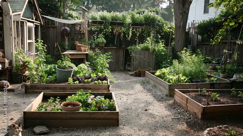 A tranquil backyard scene features raised beds filled with thriving organic vegetables and herbs, surrounded by secure, pet-friendly spaces where dogs can roam freely and safely.