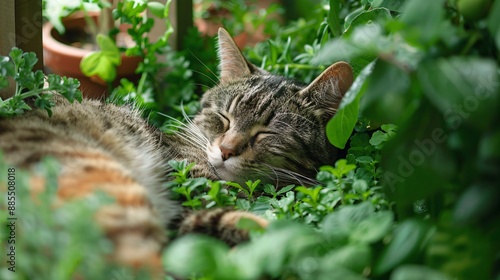  Close-up of a cat lounging in a lush, pet-friendly garden corner, surrounded by flourishing vegetable plants and aromatic herbs. The scene exemplifies the balance between a thriving garden and a comf photo