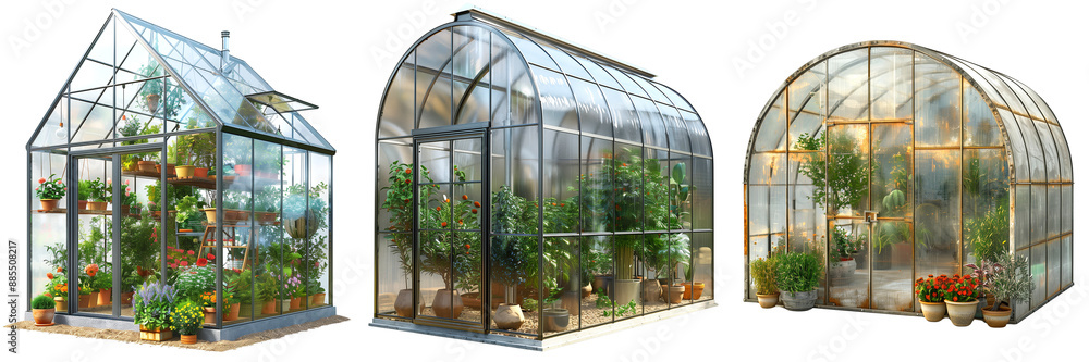 Fototapeta premium Set of 3 Realistic Garden Greenhouse on a transparent background, garden thighs, plantation, garden tools, equipment, digging, weeding, planting, DIY, png file, cut off bg, alpha channel, 300 dpi