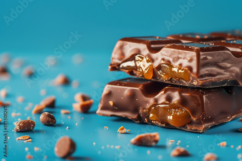 close up of chocolate and caramel bar on blu background photo