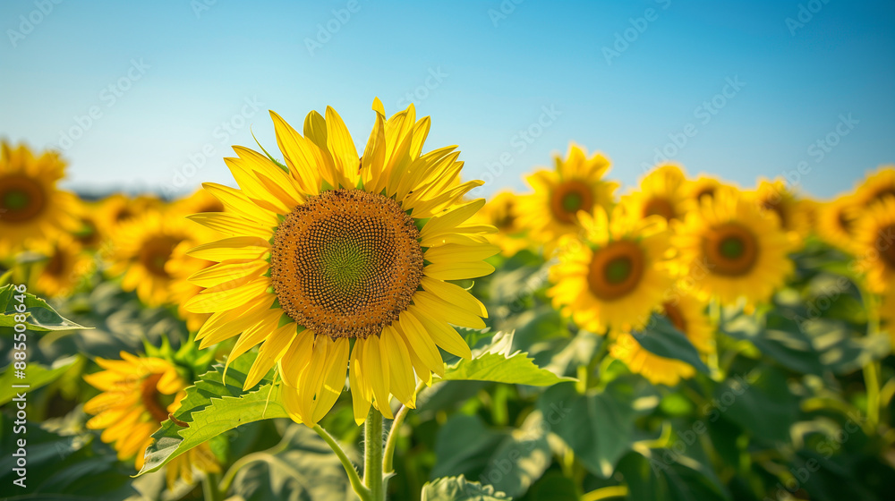 Field of Sunflowers with Bright Yellow Petals under a Clear Blue Sky Field of Sunflowers with Bright Yellow Petals under a Clear Blue Sky