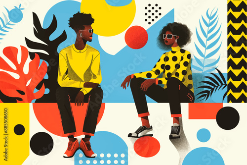 Two stylish figures in a playful composition of bold geometric shapes and abstract patterns.