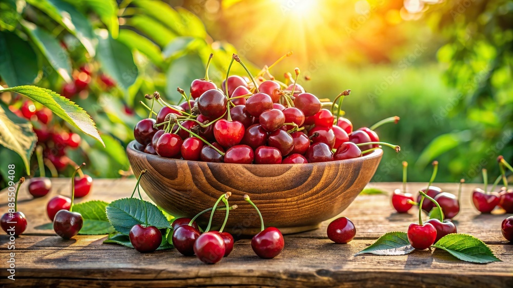 Ripe cherries overflow from a large bowl on a rustic wooden table, surrounded by lush greenery on a warm sunny day. Ripe cherries overflow from a large bowl on a rustic wooden table, surrounded by lush greenery on a warm sunny day.