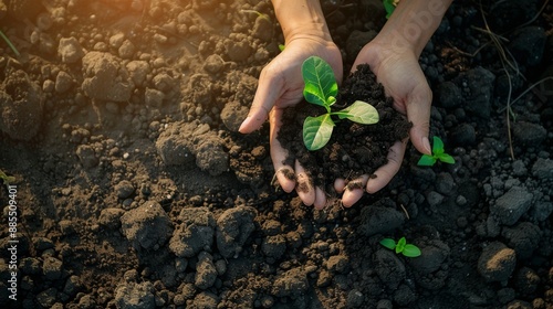 Checking soil quality by examining soil in hands before planting seeds ensures better future agriculture with smart farming using modern technologies.