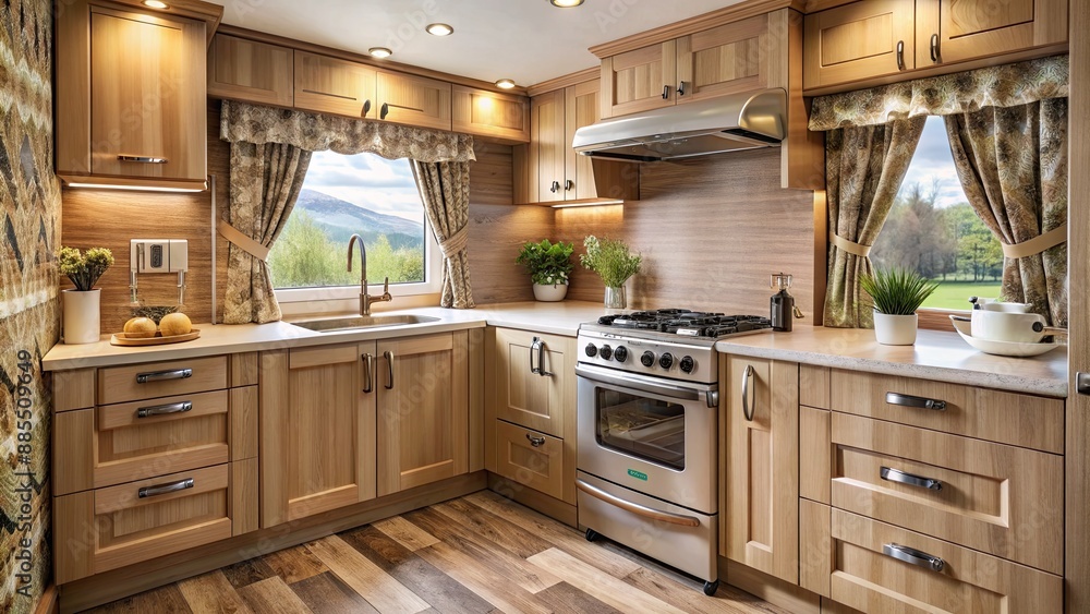 Warm beige toned kitchen interior with wooden cabinets, gas stove, and patterned curtains in a cozy mobile home retreat setting. Warm beige toned kitchen interior with wooden cabinets, gas stove, and patterned curtains in a cozy mobile home retreat setting.