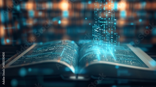 Open book with glowing digital data, representing knowledge transformation in the digital age. Futuristic concept.