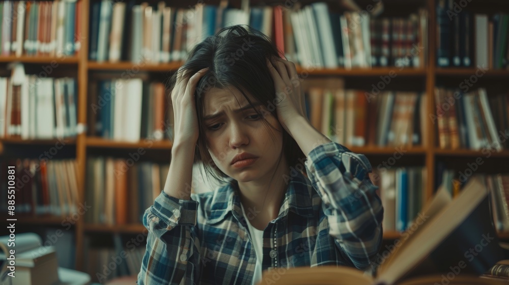 student woman have anxiety because of exams, female prepare for test and learning lessons in the library. stress, despair, haste, misunderstanding reading, discouraged, expectation, knowledge student woman have anxiety because of exams, female prepare for test and learning lessons in the library. stress, despair, haste, misunderstanding reading, discouraged, expectation, knowledge