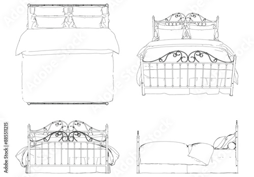 Vector Line Art of Bed. Interior Design and Bedroom Decoration Concepts with Front, Side, and Top Views