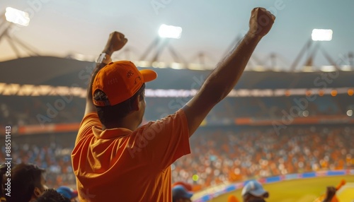 Cricket Fan Celebrating a Point in a Stadium