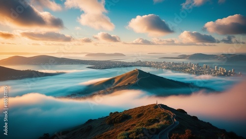 A beautiful morning view can be seen from the hills with the city on the coast in the background. Seamless 4K looping virtual video animation backgrounda photo