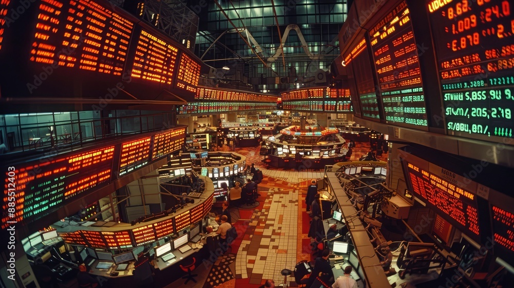 Obraz premium A bustling stock exchange trading floor with traders in action, multiple computer screens displaying real-time market data and charts, and a large digital stock ticker wrapping around the room.