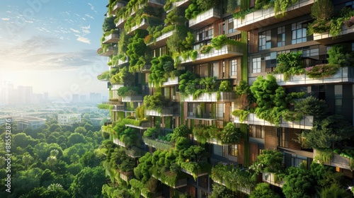 futuristic ecofriendly residential complex lush vertical gardens adorning sleek facades solar panels glinting in sunlight electric vehicles charging stations community green spaces