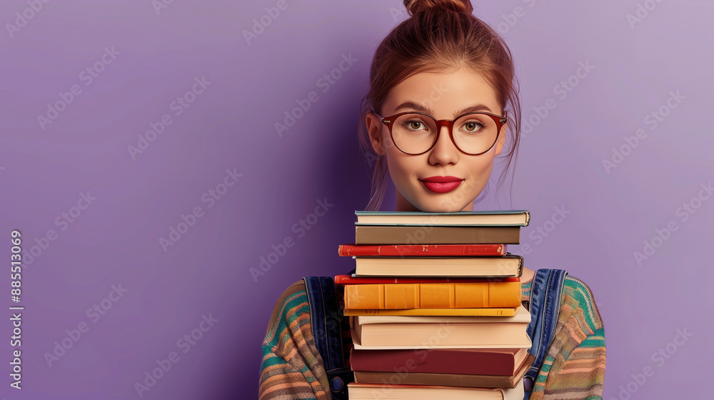 A female student with glasses holds many books in her hands on a purple background. Book lovers day. A female student with glasses holds many books in her hands on a purple background. Book lovers day.