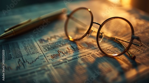 Wallpaper Mural A detailed close-up of a newspaper's financial section with headlines about stock market trends and performance, a pair of reading glasses, and a pen. Torontodigital.ca