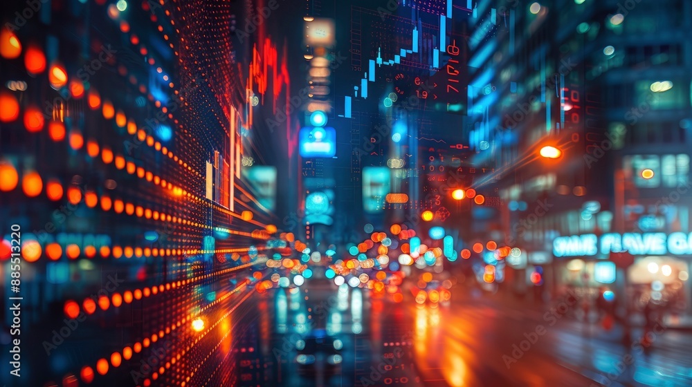 Obraz premium A conceptual image of a digital stock market interface superimposed over a cityscape at night, illustrating the integration of technology and finance.