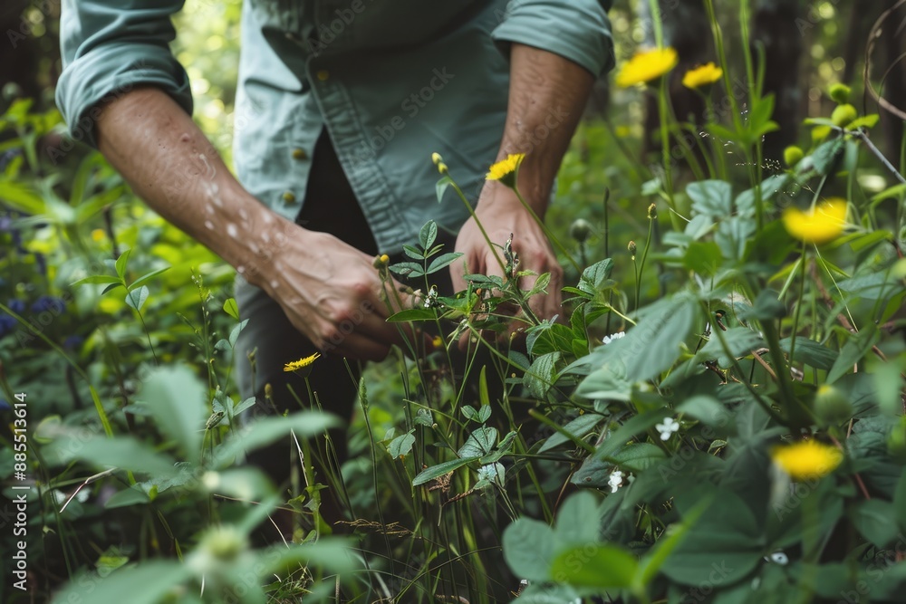 Naklejka premium Person Foraging for Wild Herbs in Woodland 