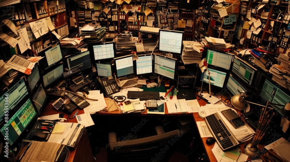 An overhead view of a busy trader's desk with multiple screens, documents, and personal items, highlighting the organized chaos of stock trading.