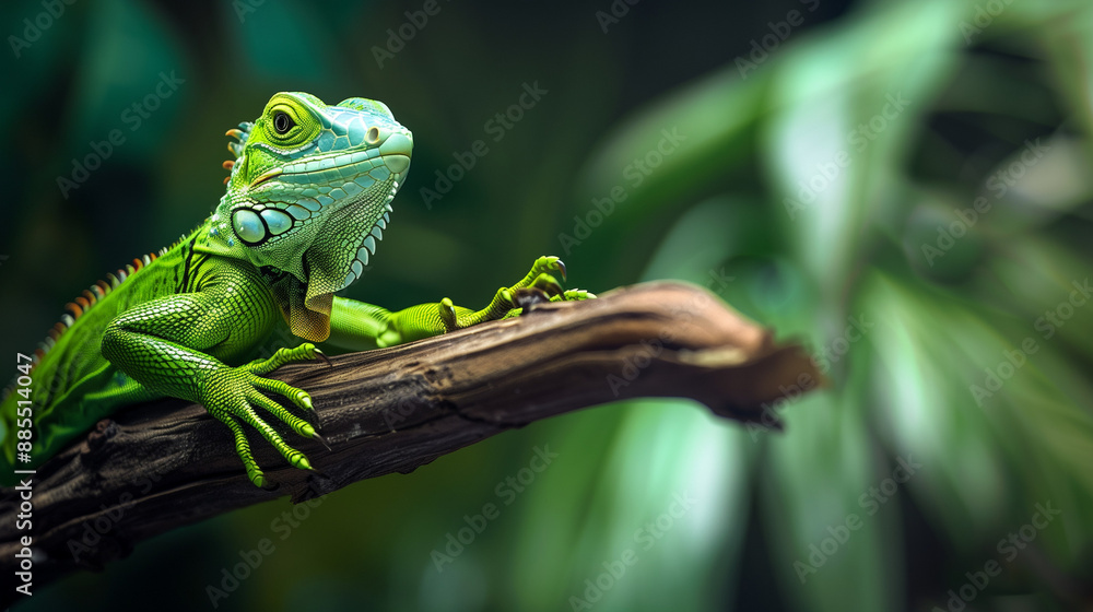 Fototapeta premium Green lizard or green iguana on a branch, copy space.