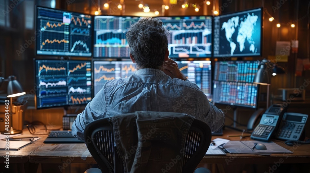 A professional trader in a sleek office, analyzing stock market trends on multiple monitors, highlighting expertise and commitment. A professional trader in a sleek office, analyzing stock market trends on multiple monitors, highlighting expertise and commitment.