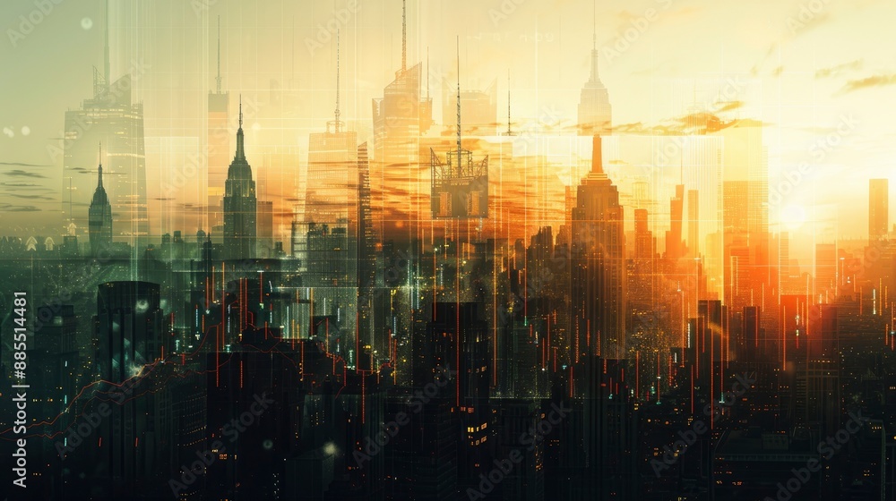 Fototapeta premium A creative double exposure of a cityscape with stock market charts overlaying, representing the integration of finance and urban life.