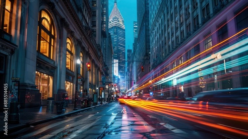 A long-exposure shot of a financial district at night with light trails from passing cars, symbolizing the non-stop nature of the stock market.
