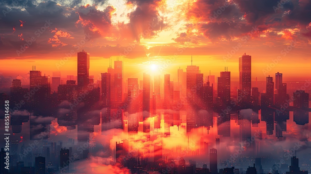 Fototapeta premium A futuristic financial district skyline at sunset, with skyscrapers reflecting the last rays of sunlight, symbolizing the global reach of the stock market.